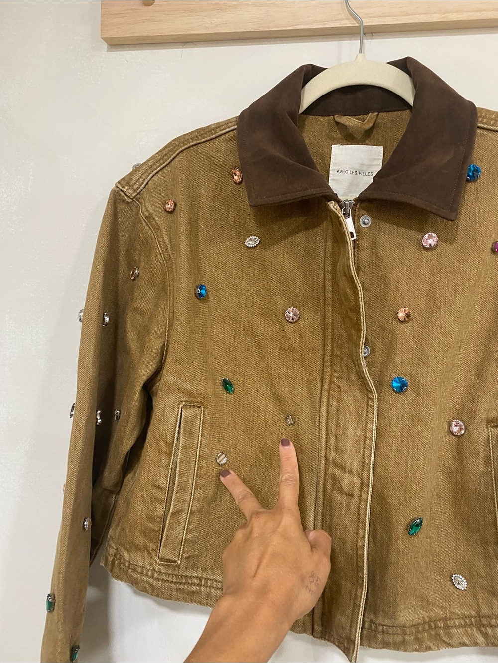 Avec Les Filles Embellished Cropped Barn Jacket Tan Brown Medium - Picture 8 of 14